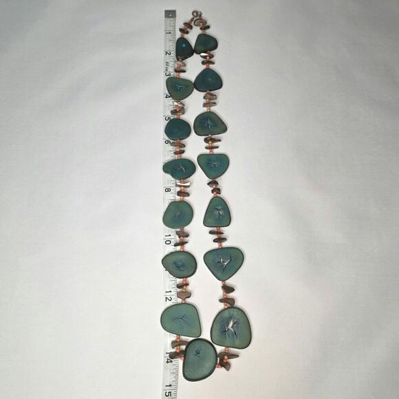 Vintage Boho Tagua Nut Necklace Teal 30" Handmade Teal & Green Vegetable Boho - Picture 5 of 5